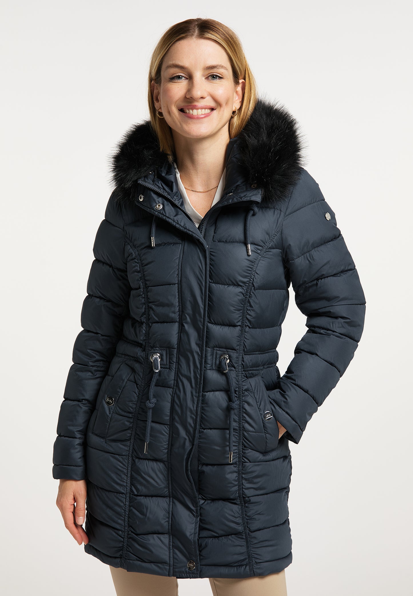 usha Women's Quilted Coat With Faux Fur
